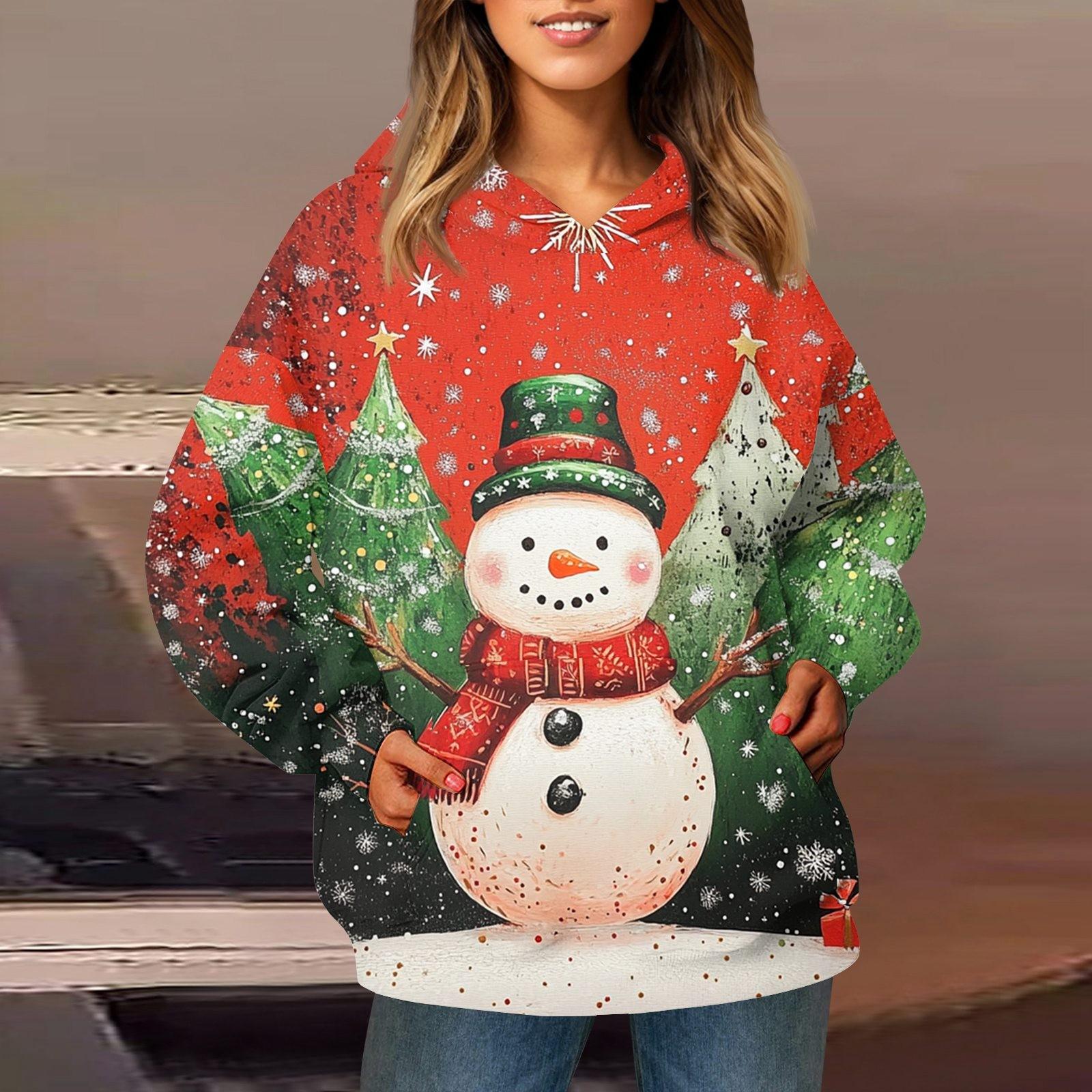 

Женская модная толстовка с длинным рукавом, рождественский принт «Снеговик», «Снежинка», с капюшоном и карманом M киноварь