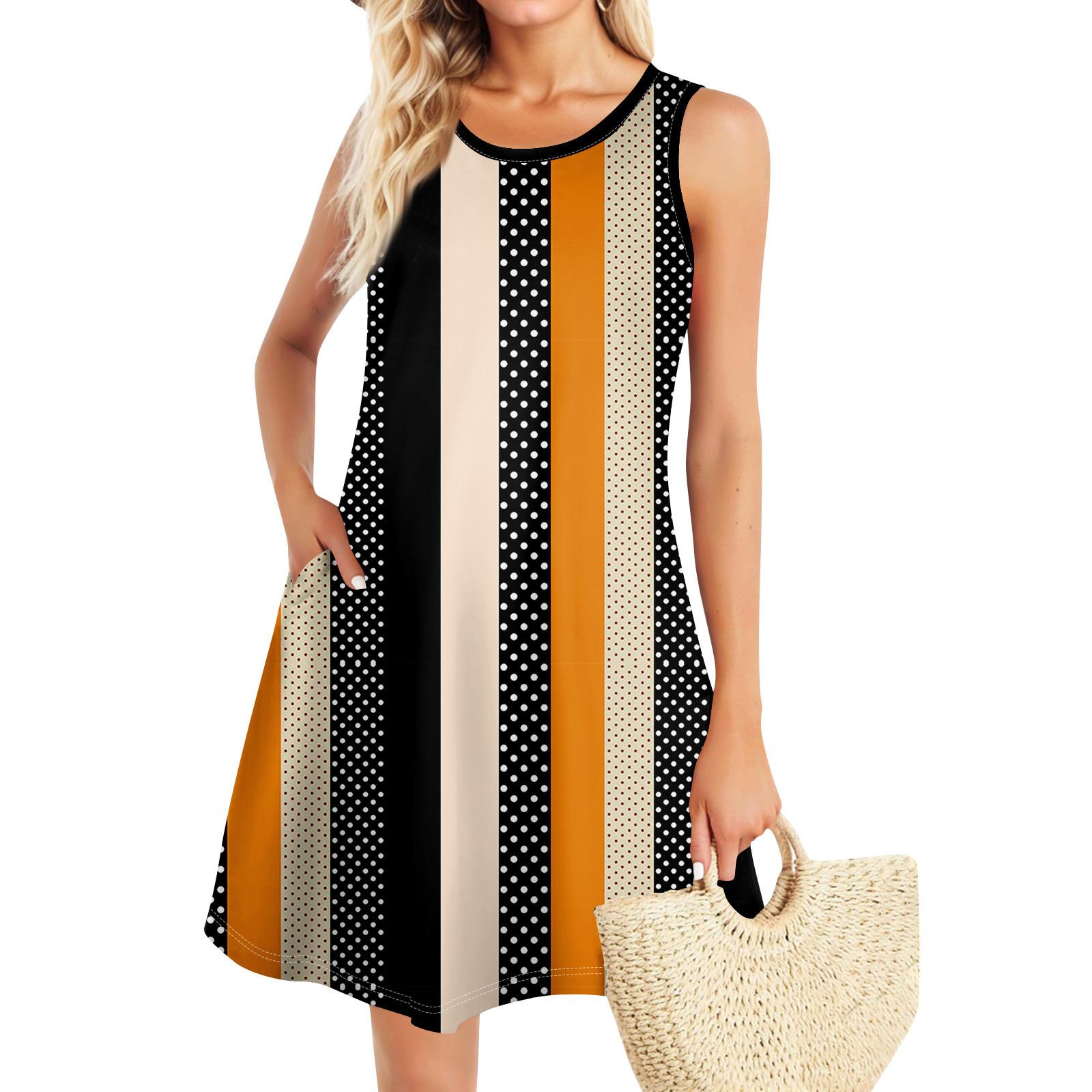 

Летние платья для женщин Пляжный Бохо без рукавов Винтажный принт Футболка с карманами Сарафаны-майки L оранжевый