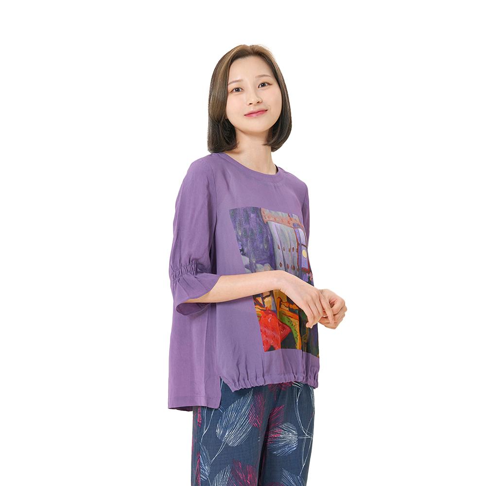 CROCODILE LADIES One-Point Print Round Neck Rayon Blouse_Cldmbl503