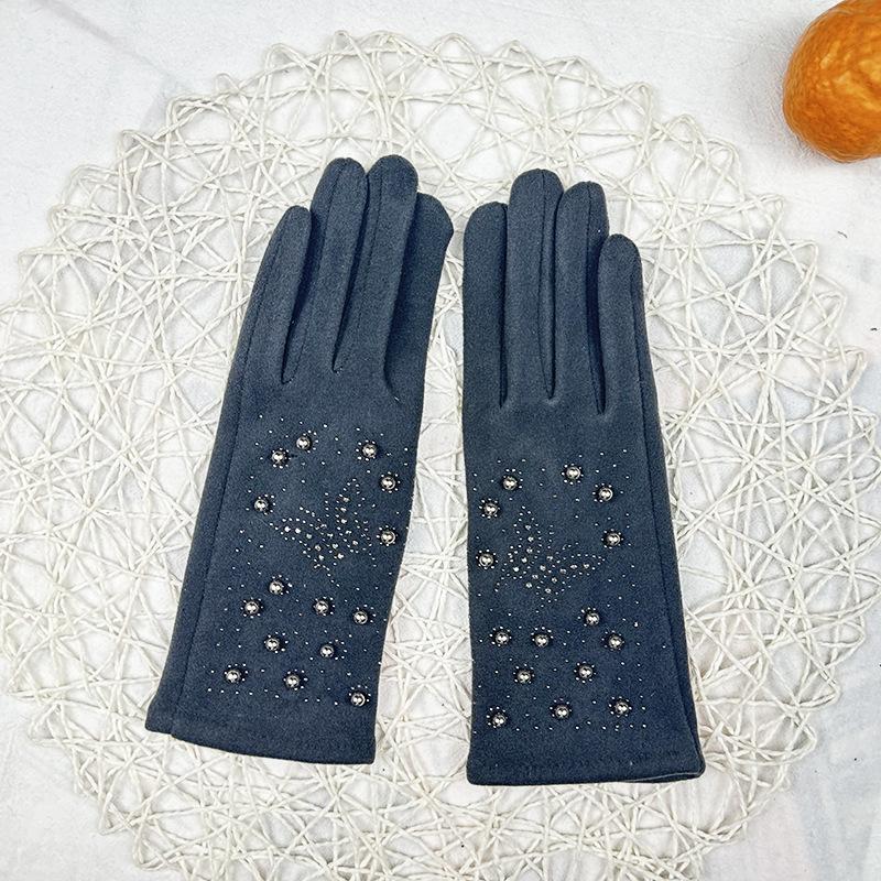 Fashion Women'S Imitation German Velvet Bright Diamond Pearl Gloves Thermal And Velvet Riding Gloves