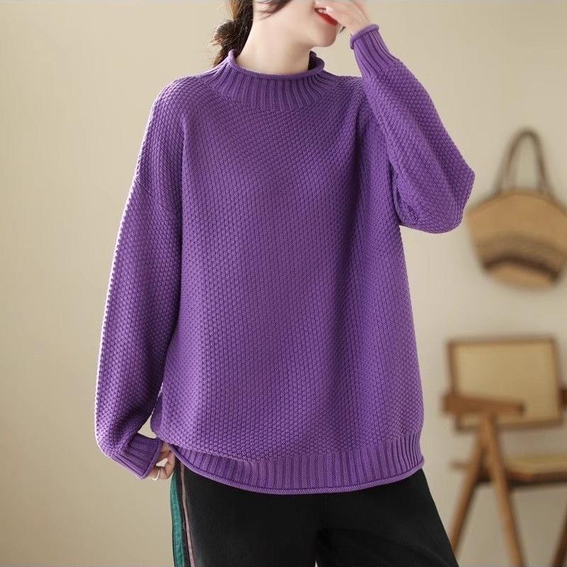 Women's Loose Stand Collar Sweater Autumn Winter Vintage Soft Skin-Friendly Solid Color Sweater