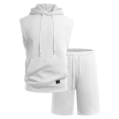 Mens Casual Solid Textured Sleeveless Hoodie And Shorts Set