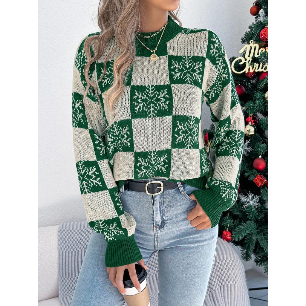 Autumn Winter Snowflake Checkered Knitted Sweaters Lantern Pullover Sweater Women's Christmas Sweater