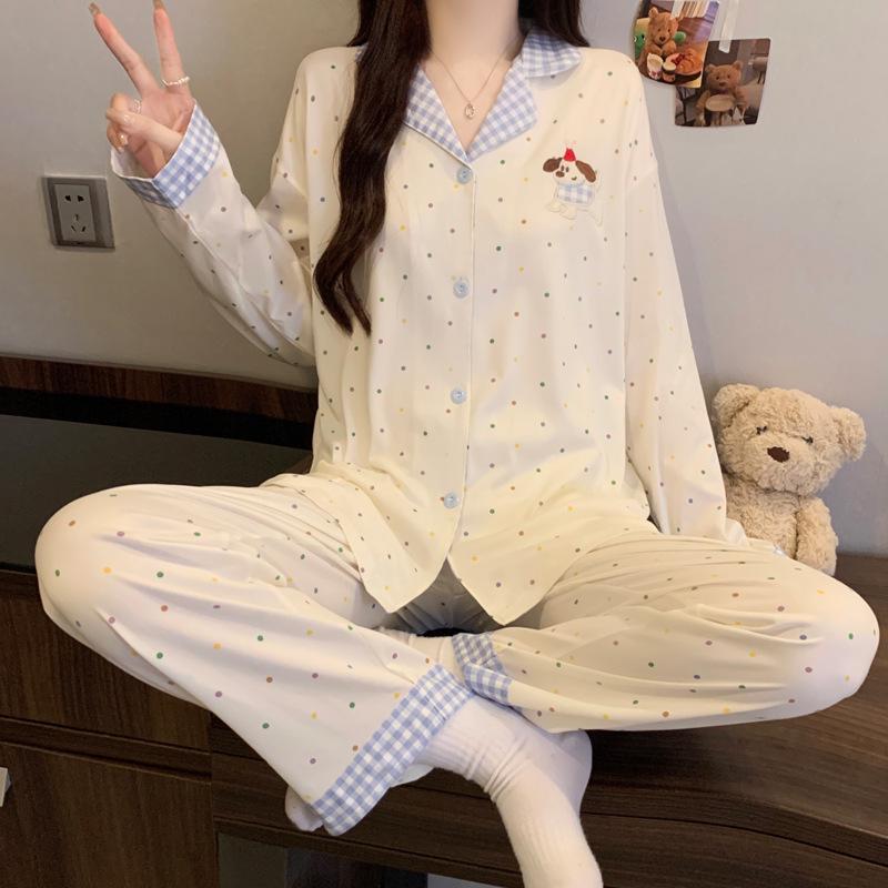 Plaid Long Sleeve Pajama Set with Pants – Spring & Autumn Style, Comfortable Home or Dorm Wear, Suitable for Outdoor Use