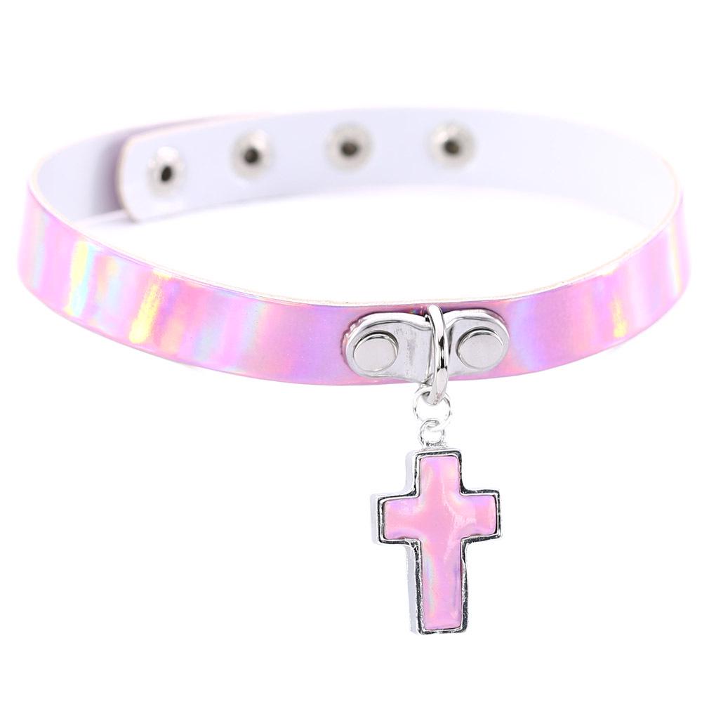 Cross Laser Glow Choker, Gothic Cross Luminous Short Leather Clavicle Necklace