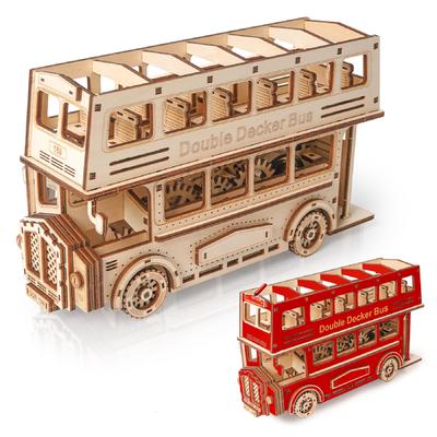 Hallisun 3D Wooden Puzzle, Basswood Puzzle with Rotating Gear Activation, Assembly Required, Double-Decker Bus, DIY Mechanical Toy, Decorative Toy