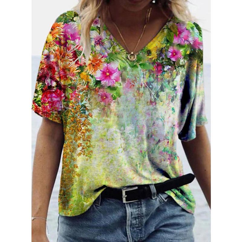 Sommer Graffiti Blume 3D-gedrucktes Kurzarm Damen V-Ausschnitt Buntes Lässiges Vielseitiges T-Shirt