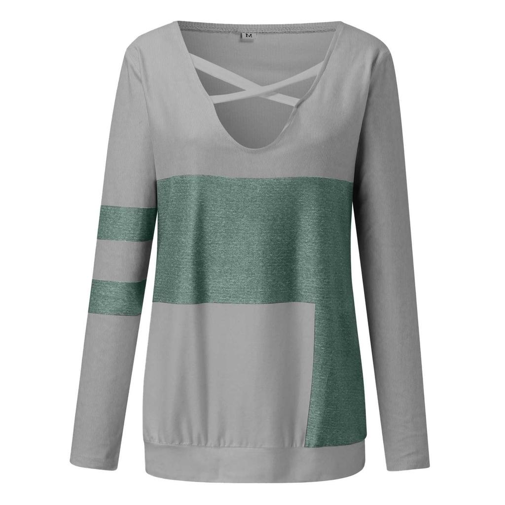 Women's V-neck Contrast Color Print Loose Knit Sweater Top T-shirt For Women