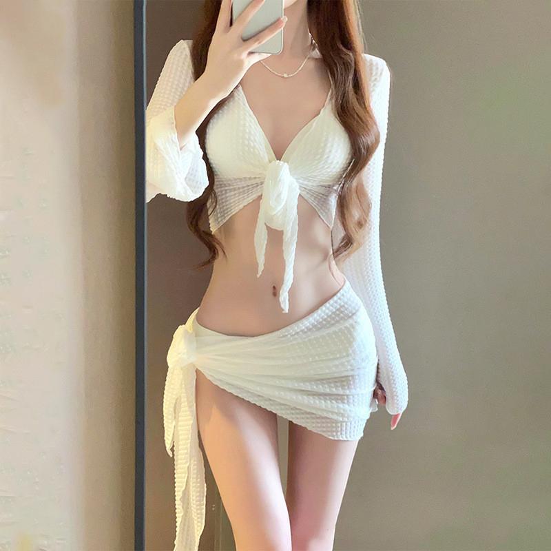 Damen Split Bikini Set Badeanzug Split Sexy Rückenfrei Bademode mit Mesh Cover Up Strandbekleidung Röcke Sommer Dünner Badeanzug