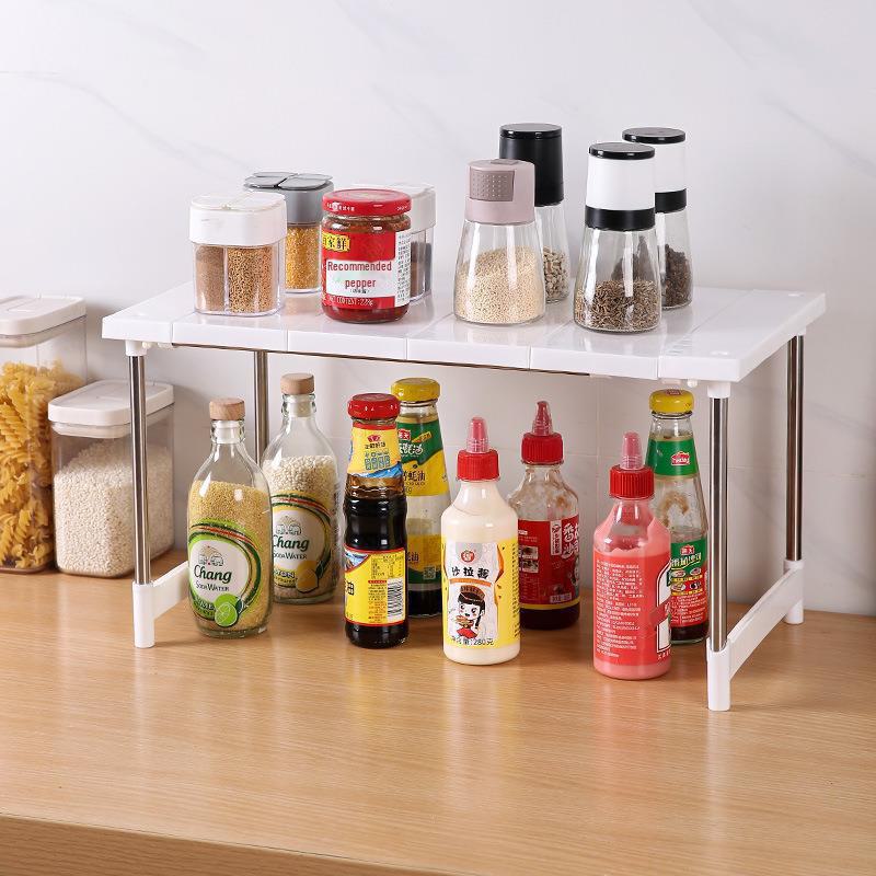 Doppellagiges Küchenregal aus Edelstahl: Anpassbare, multifunktionale Speicherlösung.