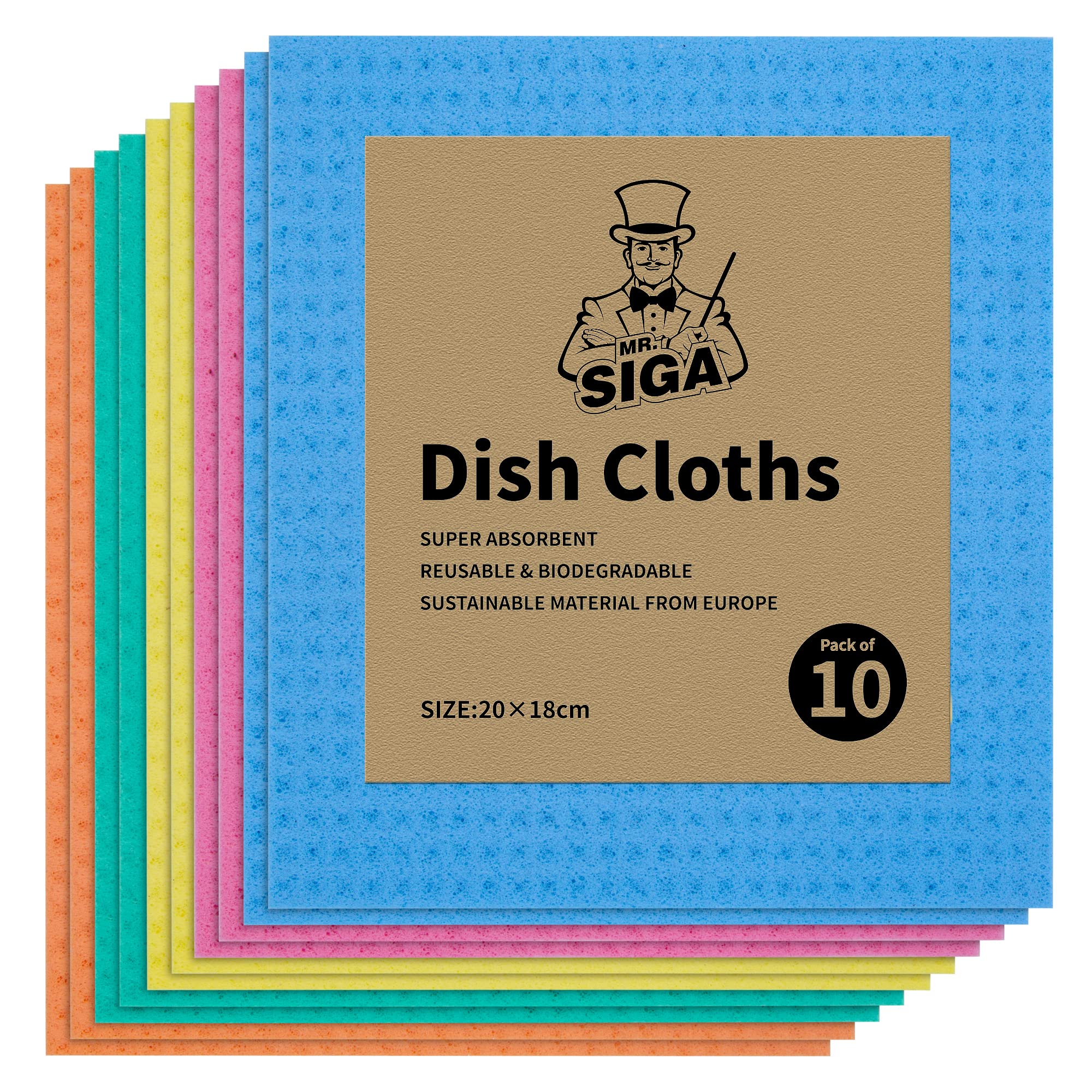MR.SIGA Reusable Dish Towels, Cellulose Sponge Cloths for Kitchen, Highly Absorbent, Multicolor (10 pieces total)