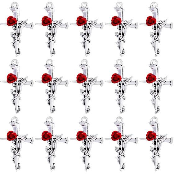 SUNNYCLUE 1 Box 30Pcs Rose Cross Charm Gothic Style Black Crosses Red Rose Flower Beads Easter Cross Charm Thistles Thorns Fancy Crucifix Charms for