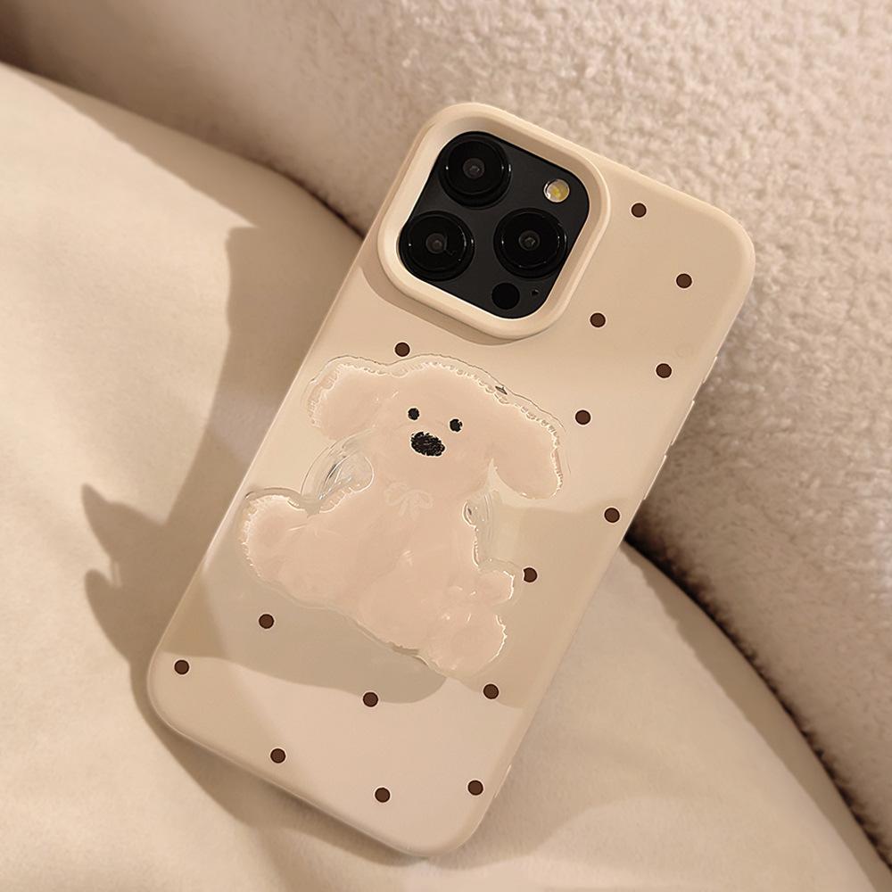 Ins Polka Dot Puppy Bracket Applies To Apple 16pro Max Mobile Phone Case Iphone17 Cartoon Lanyard 13 Soft 15