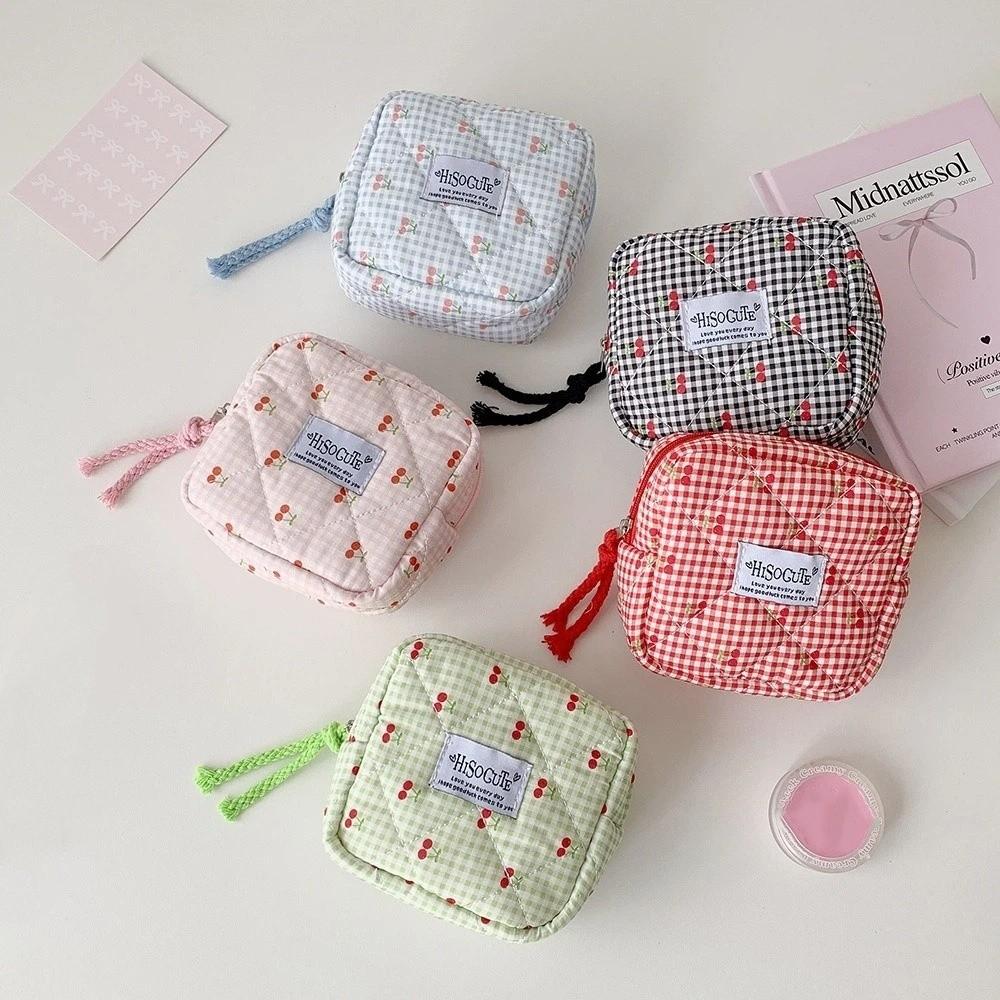 Single Layer Korean Cherry Pencil Case Cute Design Cloth Plaid Pen Bag School Office
