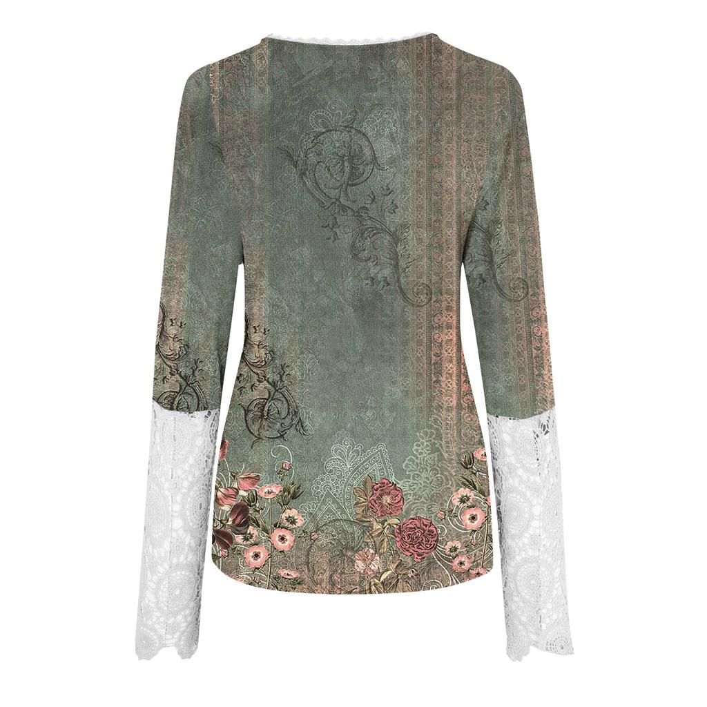 Women's Round Neckline With Buttons Slim Soild Printed Stitching Lace Long Sleeve Top