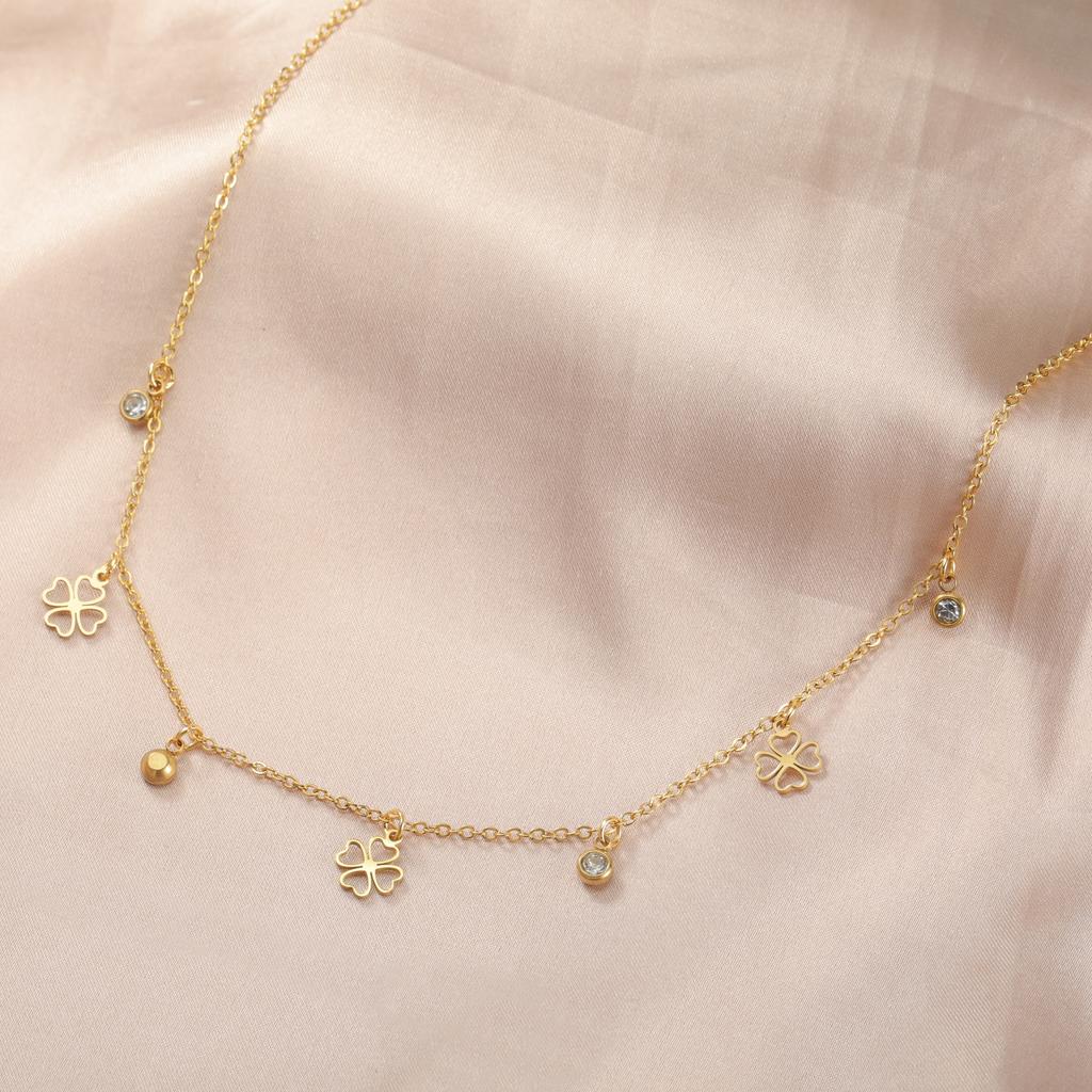 Teamer Four-Leaf Clover Clear Zircon Necklace Stainless Steel Little Charms Choker Lucky Jewelry Birthday Gift 2026 Spring New