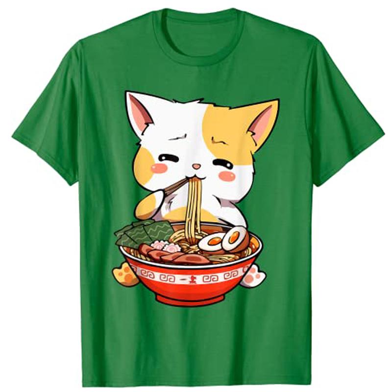 RaUnisex Cat Kawaii Anime Japanese Food Girls Official Teenager TShirt Harajuku Graphic Tee Tops Kitten Eat Noodles Novelty Gift