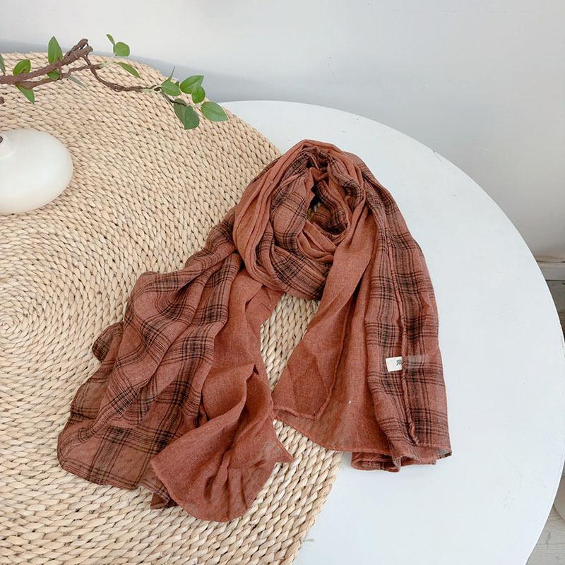 

Ретро И Старый Хлопок И Лен Двухцветный Лоскутный Шарф Модная Теплая Шаль Японский Универсальный Плиссированный Осенне-Зимний Шарф Женский 85*180cm ржавый красный