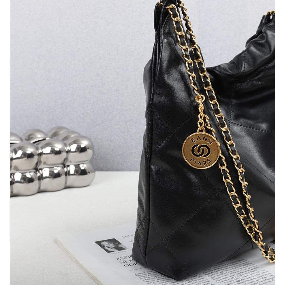 New Large-capacity First-layer Cowhide Gold Coin Bucket Bag, Genuine Leather Pleated Chain, Shoulder Bag, Fashion Garbage Bag, Bag.