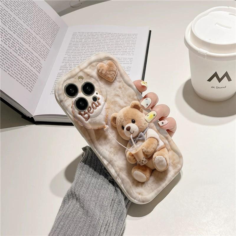 Cute Pearl Milk Tea Plush Bear Pattern Phone Case For Samsung Galaxy S26 Ultra S25 S24 S23 FE S22 S21 S20 Plus A16 A55 A54 Cover