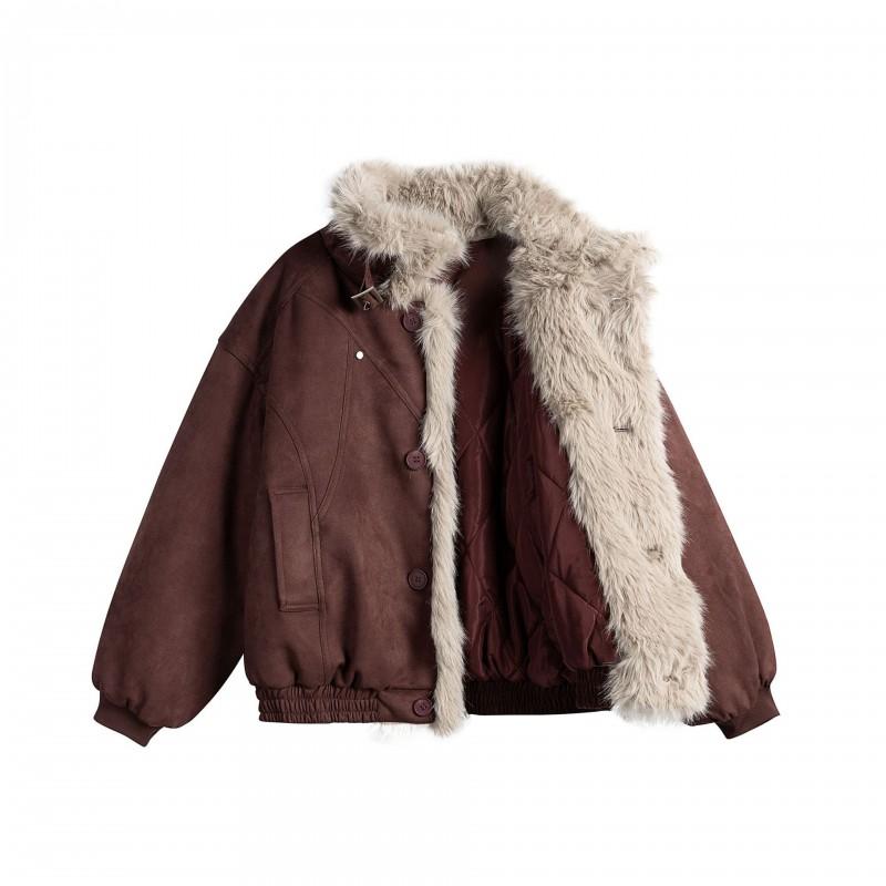 Unisex Retro Suede Cotton Puffer Jacket Winter Warm Oversized Parka With Stand Collar Side Pockets