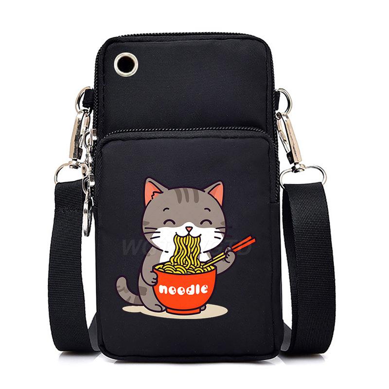 Eating Noodles Kitten Printed Messenger Bag Vertical Change Bag Multi-Function Mobile Phone Bag