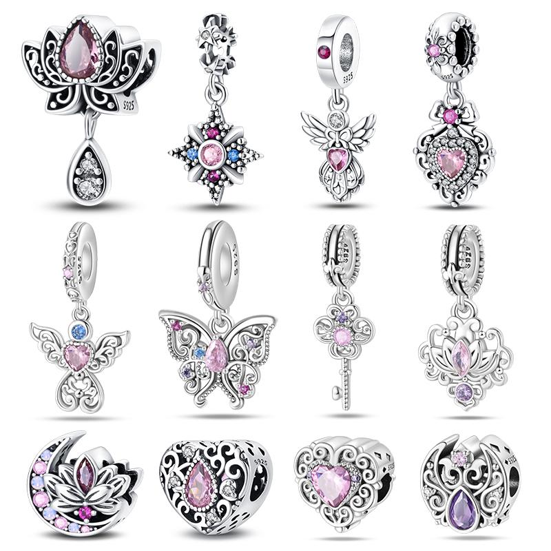 Copper Romantic Classical Lotus Heart-Shaped Charm Beads Fit Pandach Original Diy Bracelets Pendant Birthday Gifts Jewelry