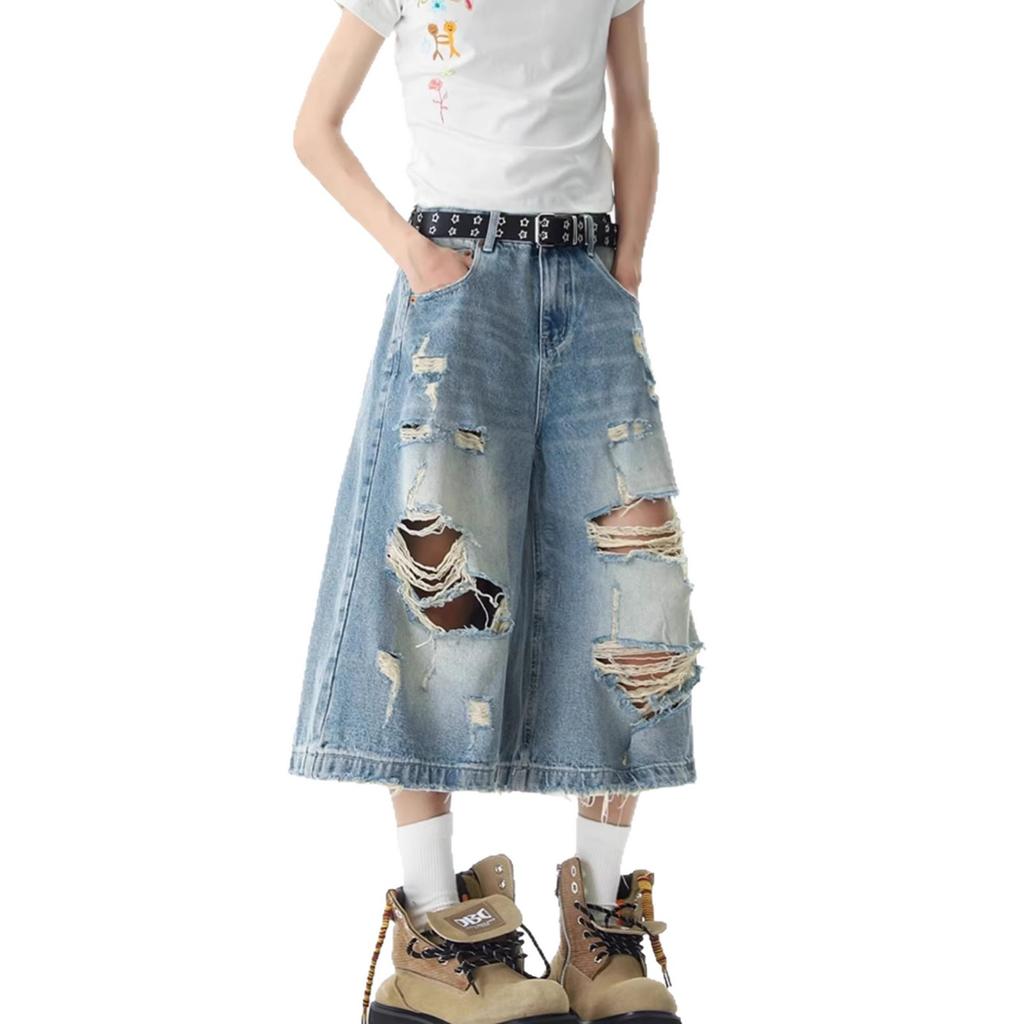 American Washed Ripped Denim Cropped Pants Men's and Women's Summer Vintage Design Couple Wide-leg Over-knee Pants