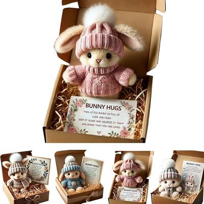Mini Coniglietto Abbraccio Carino Regalo di Pasqua Coniglietto di Peluche con Cappello Lavorato a Maglia e Pompon Morbido Tasca Coniglio Supporto Emotivo con Scatola Regalo Biglietto