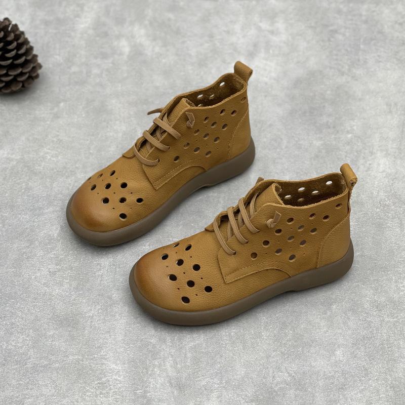 GKTINOO Retro Genuine Leather Hollow-out Boots 2025 Summer New Round Toe Flat Elastic Lace-up Soft Cowhide Women's Sandals