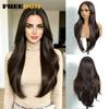 FREEDOM Synthetic Lace Front Wigs For Women 26 inch Straight Layered Wig With Bangs Ombre Brown Blonde Highlight Daily Party Wig