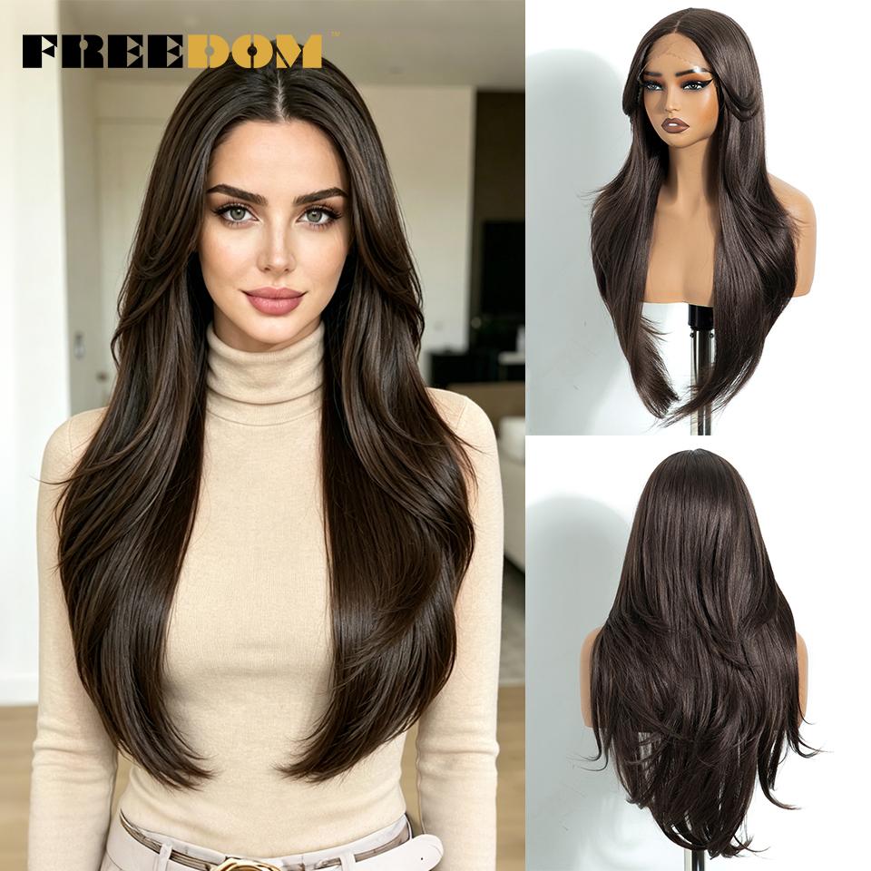FREEDOM Synthetic Lace Front Wigs For Women 26 inch Straight Layered Wig With Bangs Ombre Brown Blonde Highlight Daily Party Wig