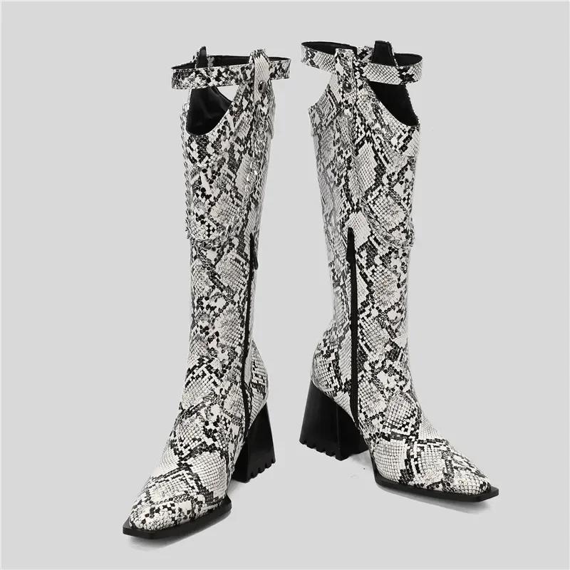 Winter Women Western Knee High Boots Yellow Brown Croc Block Heels Club Party Square Toe Vintage Buckle Chain Lady Cowboy Boots