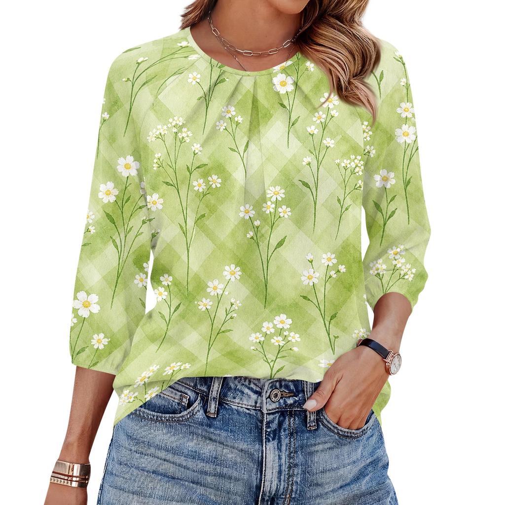 Women's Floral Print 3/4 Sleeve Round Neck Pleated Top Lightweight Casual Blouse Suitable for Daily Wear and Various Occasions