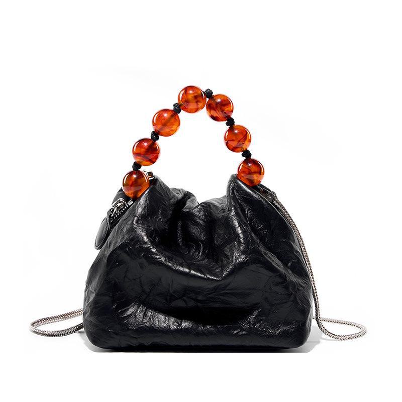 Elegant Chinese Style Beaded Cowhide Handbag - Unique Hand-Scratched Pattern, Perfect as a Lunch Box or Clutch.