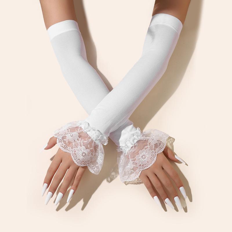 Elegant Women Ruffle Solid Color Long Flare Sleeves Arm Cover Outdoor Sun Protection Driving Elastic Fingerless Gloves