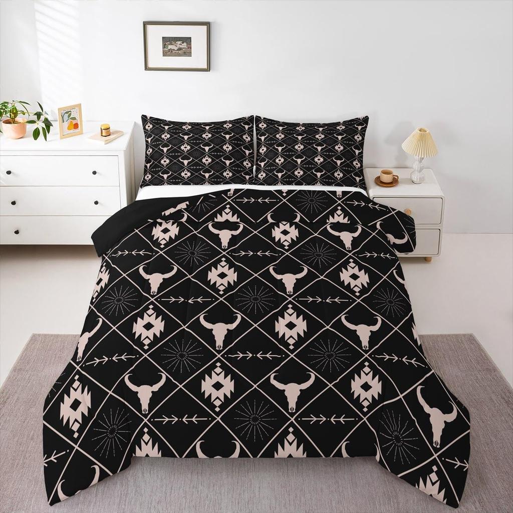 Erosebridal Western Aztec Comforter Set King Size, Boho Farmhouse Bedding Set for Kids Boys Teens Ethnic Southwest Bull Skull Cow Quilt Amer
