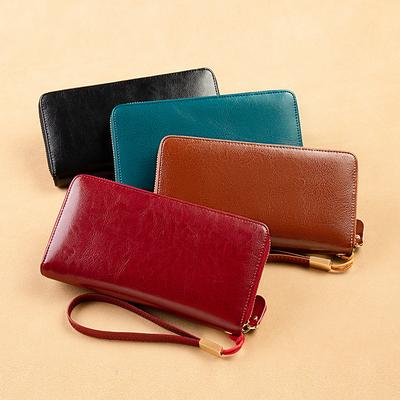 Leather Long Wallet for Women, Choose Cowhide or Oil Wax Leather, Multiple Card Slots + Cash Compartment + Coin Pouch, Stylish and Practical