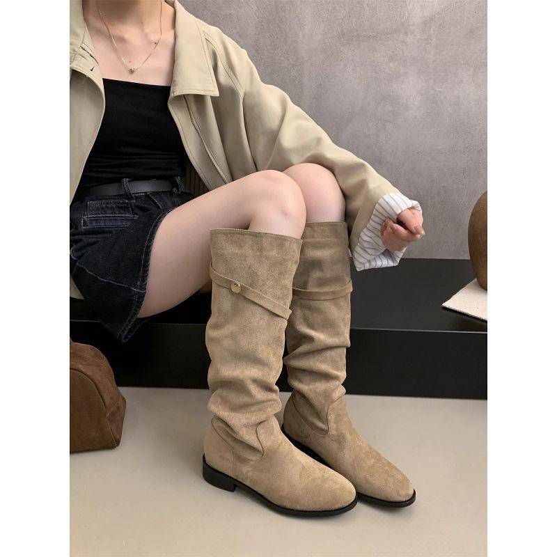 Suede Skinny Boots Khaki Pile Knight Boots Women'S Autumn And Winter Skinny Tall Heel Long Boots