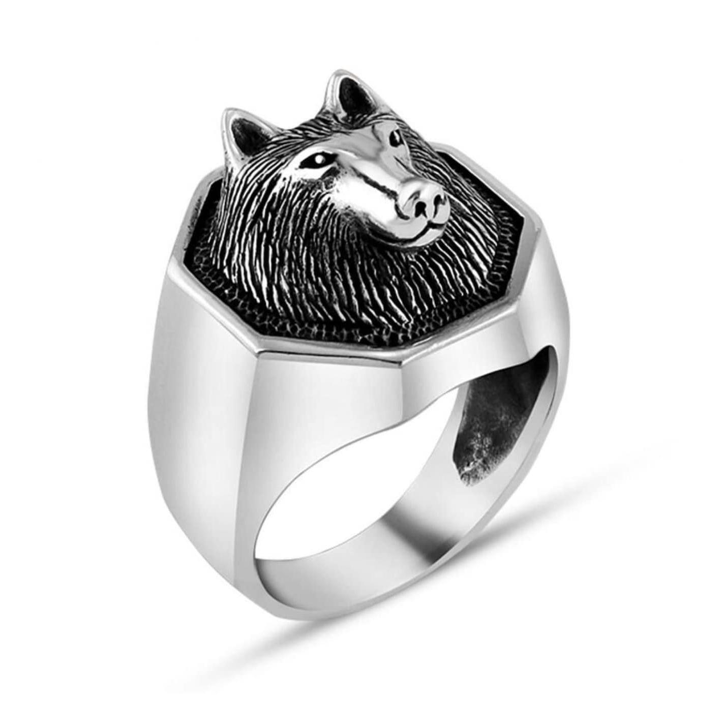 

Серое серое мужское кольцо с головой волка из стерлингового серебра