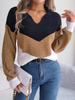 Women's Casual Sweater Lapel Contrast Color Long Sleeve Knitted Pullover Top
