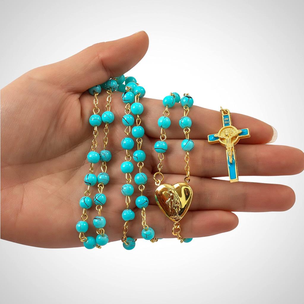 Saint Benedict Rosary Turquoise Glass Beads St. San Benito Cross Nr Medal Catholic Necklace