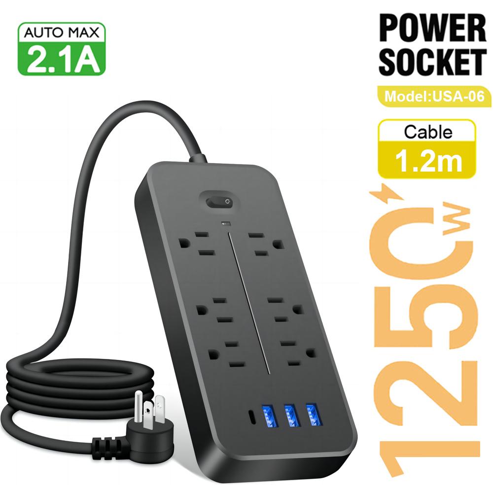 

Розетки змінного струму з американською вилкою Багаторозетковий подовжувач Мережевий фільтр Адаптер Електрична розетка Подовжувач з портами USB C Швидка зарядка US Plug чорний