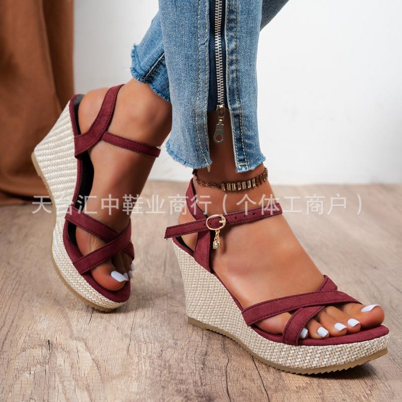 Sandali Zeppa Donna Punta Aperta Cinturino Incrociato Fibbia Suola in Canapa Comfort Casual Calzature Estive