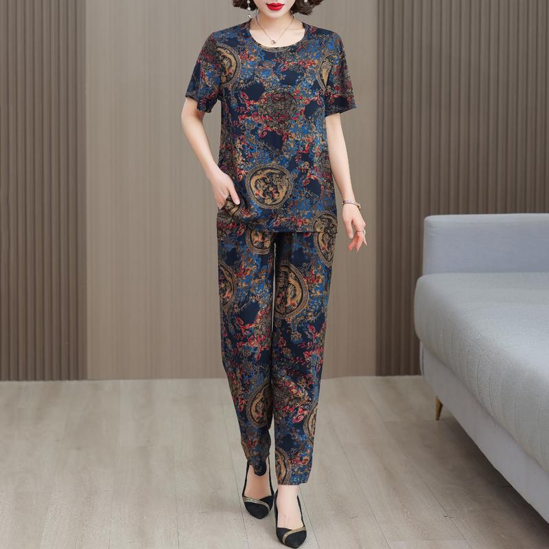 Plus Size Elegant 2 Piece Sets Womens Outfits Summer  Vintage Print Wide Legs Trouser Sets