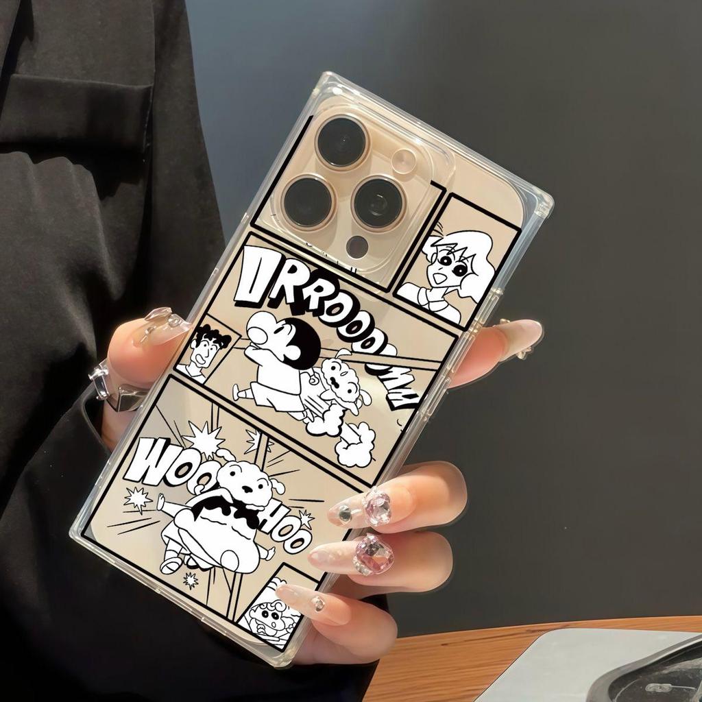 Clear Square Back Tube Case Protection For iPhone 14 Pro Max 13 11 12 16 ProMax 15 Plus Anti-Oxygen,Cartoon Crayon Shin Pattern Casing