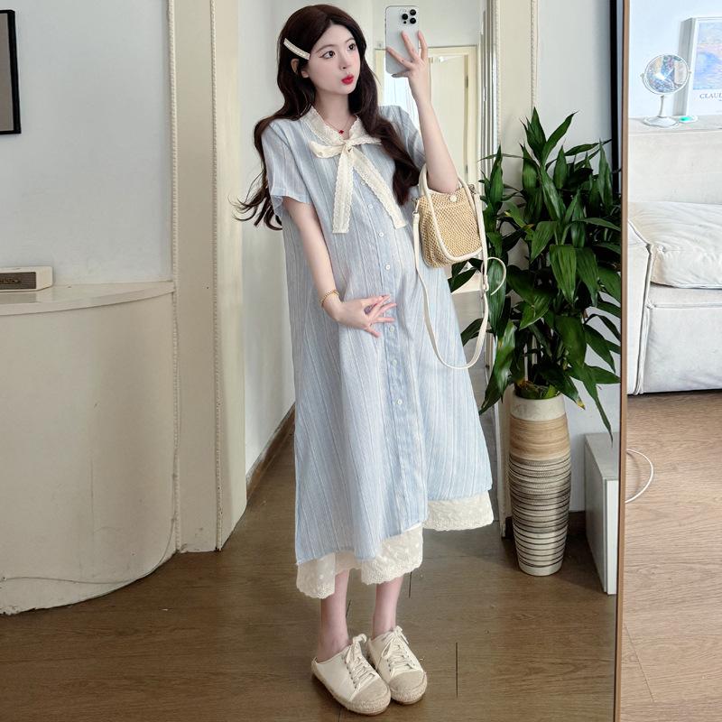 2026 Summer Light Blue Striped Bowknot Maternity Dress - Korean Style XL