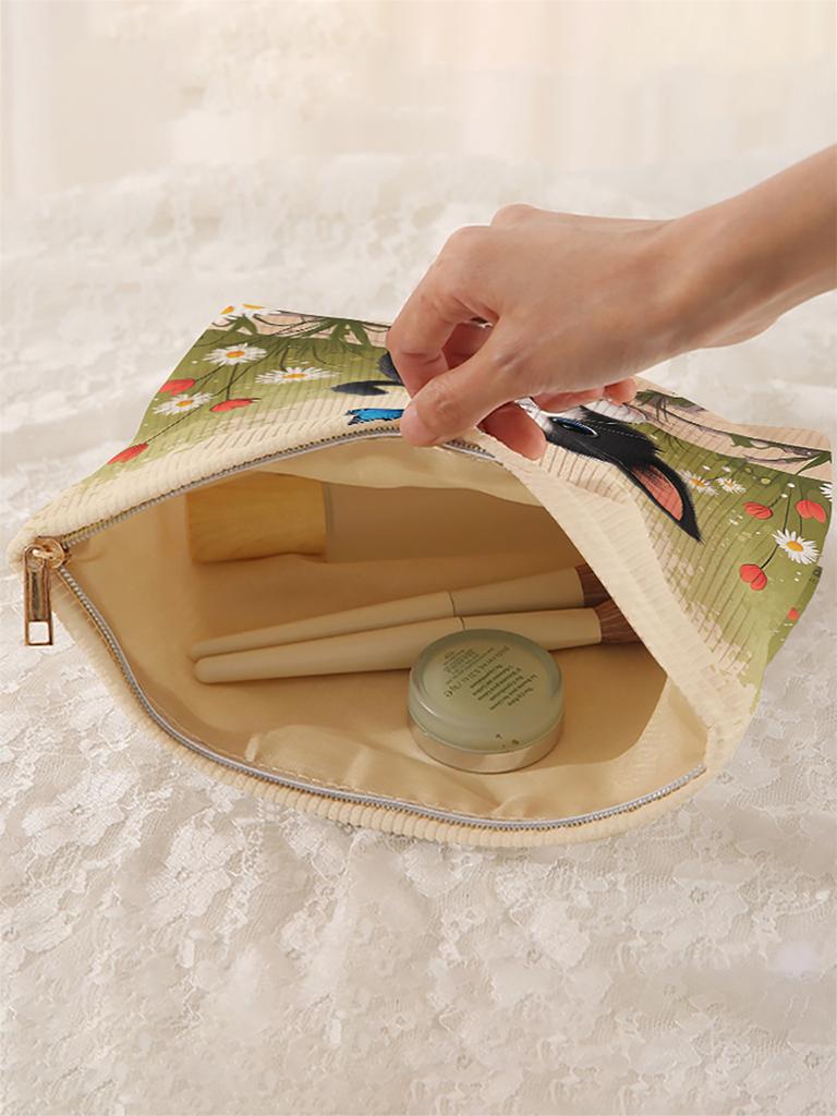 1 cat patterned corduroy makeup bag, lightweight zipper makeup storage box, multifunctional bag with lining