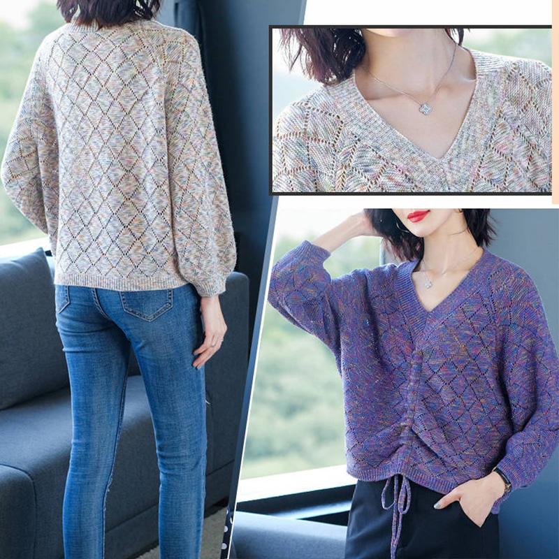 Svetr s výstřihem do V, stahovací šňůrkou, tenký pletený svetr, krátký top, mix barev, volný svrchní oděv, jaro a podzim