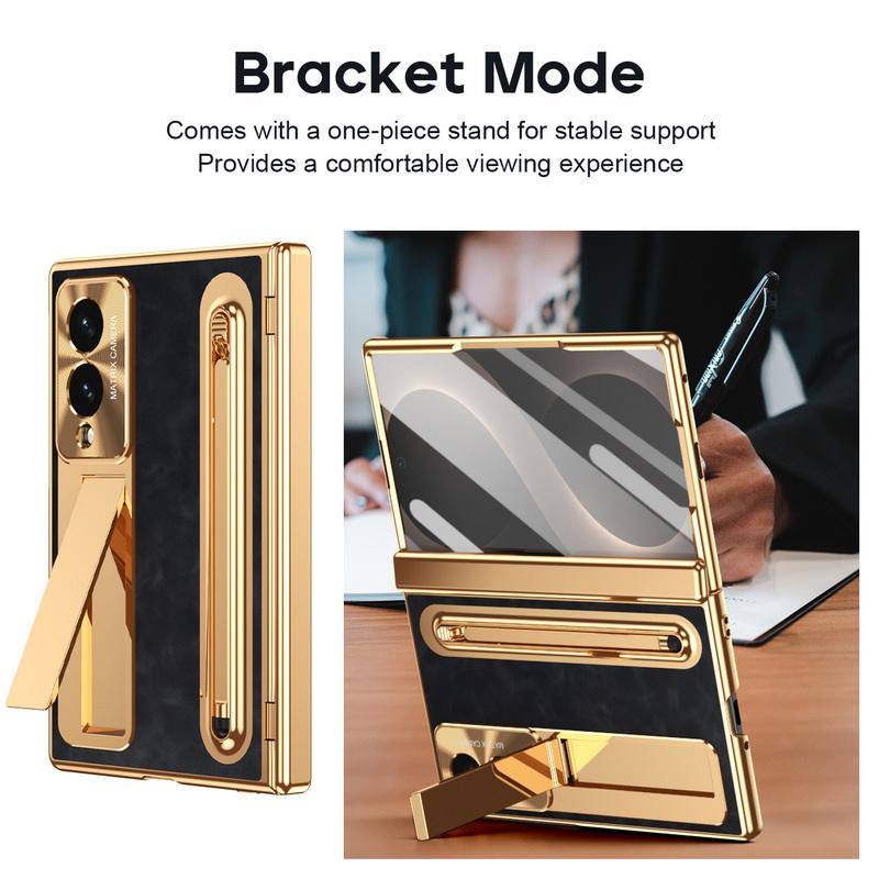 Plating Leather Phone Case For Samsung Galaxy Z Fold 8 Wide 7 6 5 4 TriFold Luxury Hidden Bracket Cover with Pen Slot & S Pen Screen Protector Film